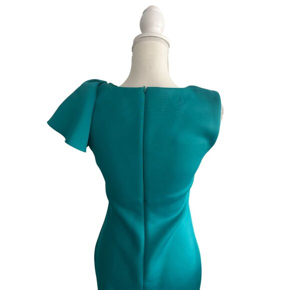 ELIZA J Aqua Teal Ruffle Shoulder Scuba Dress Size 4 - Picture 6 of 8